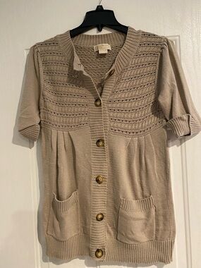 MICHAEL Michael Kors Short-Sleeve Open-Knit Cardigan in Beige Taupe